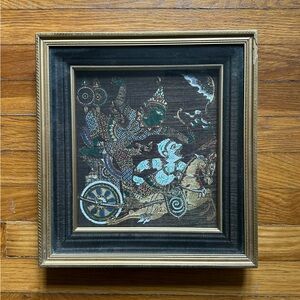 Vintage framed Thai Ramakien silk painting depicting a scene national epic